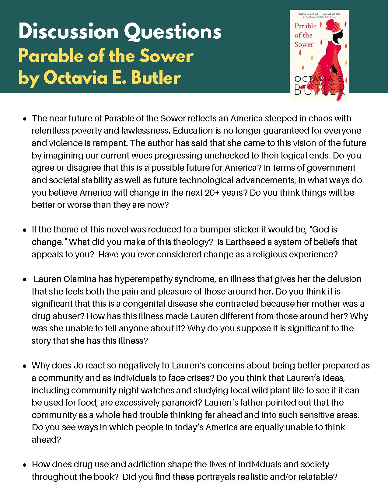 Discussion Questions for Parable of the Sower by Octavia Butler