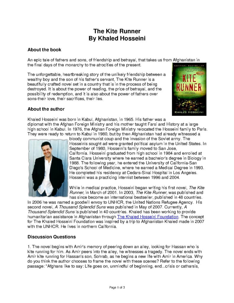 Discussion Questions for The Kite Runner by Khaled Hosseini