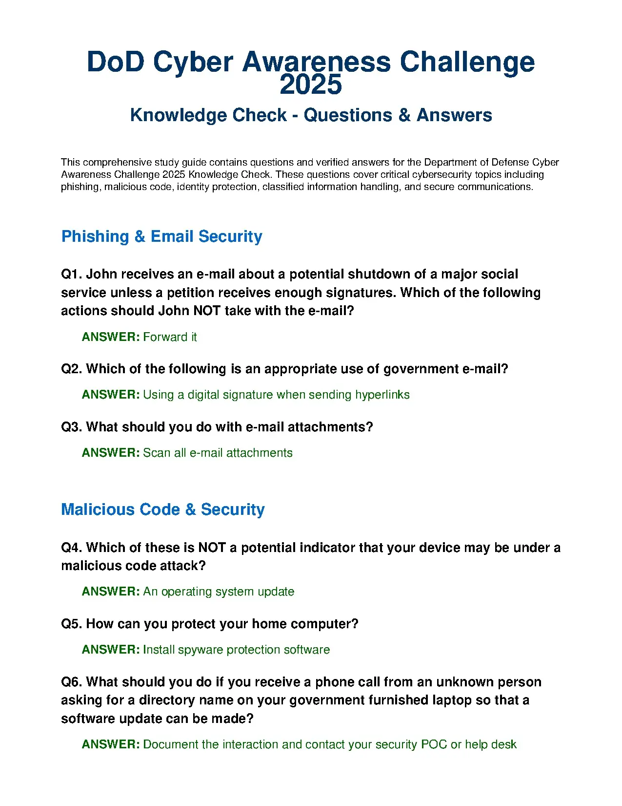 DoD Cyber Awareness Challenge 2026 Knowledge Check