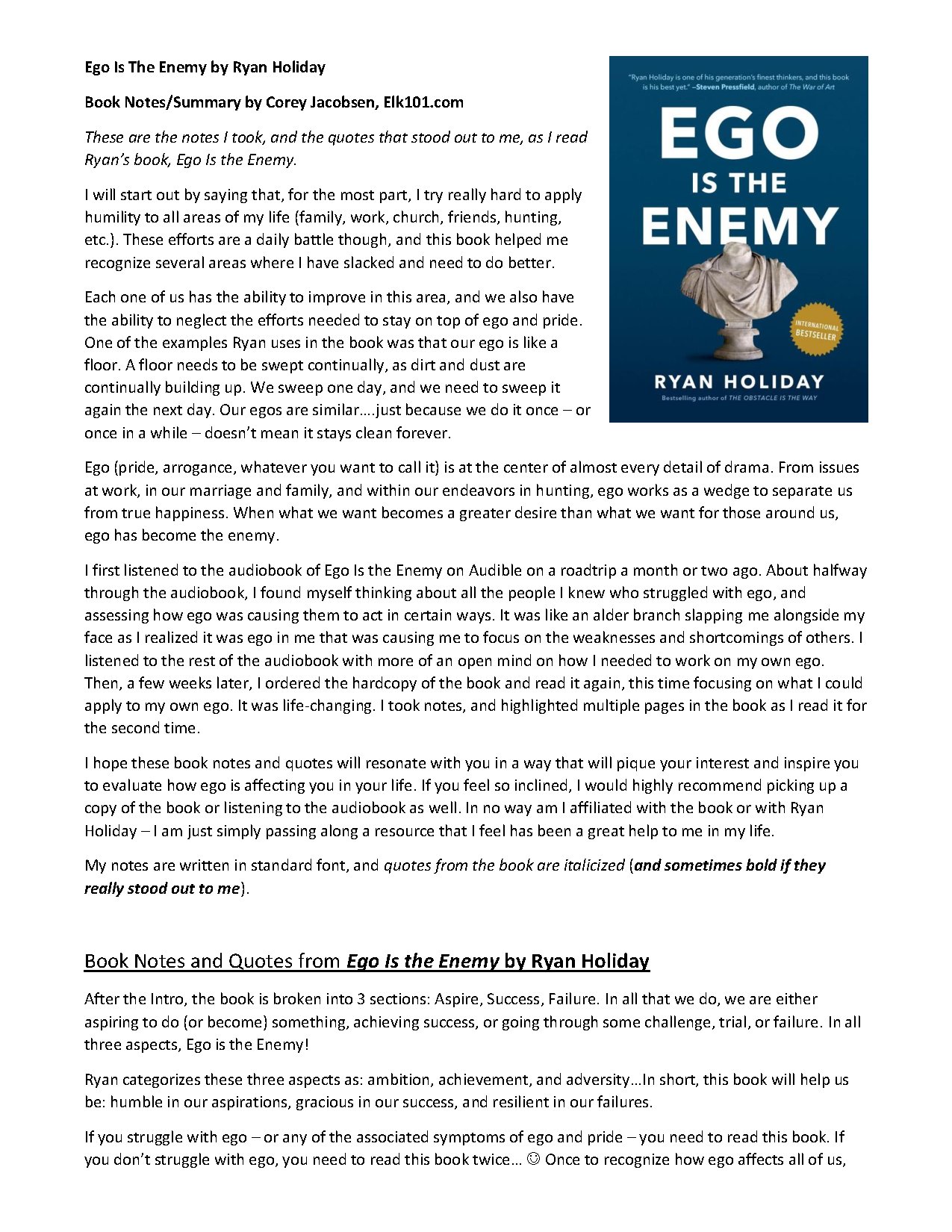 Ego Is The Enemy by Ryan Holiday Book Notes