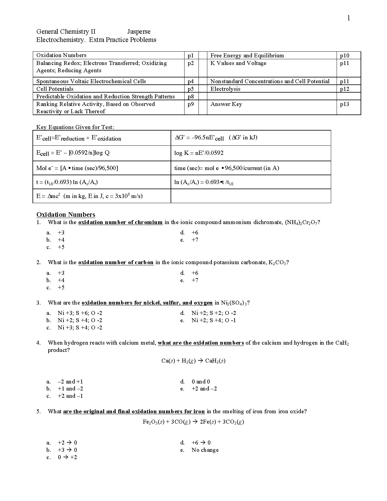 Electrochemistry Practice Problems for Test 4 Chapter 19