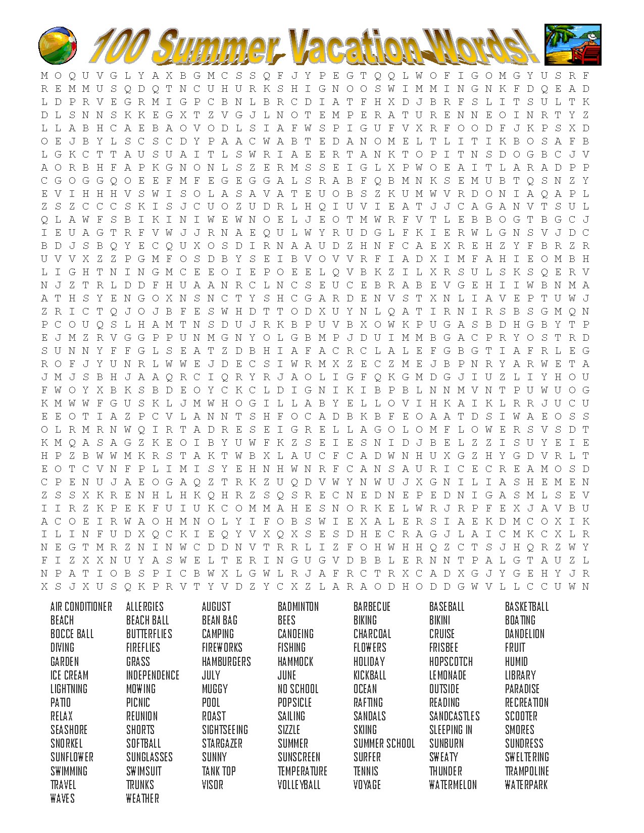 End of Year Summer Vacation Word Search Puzzle