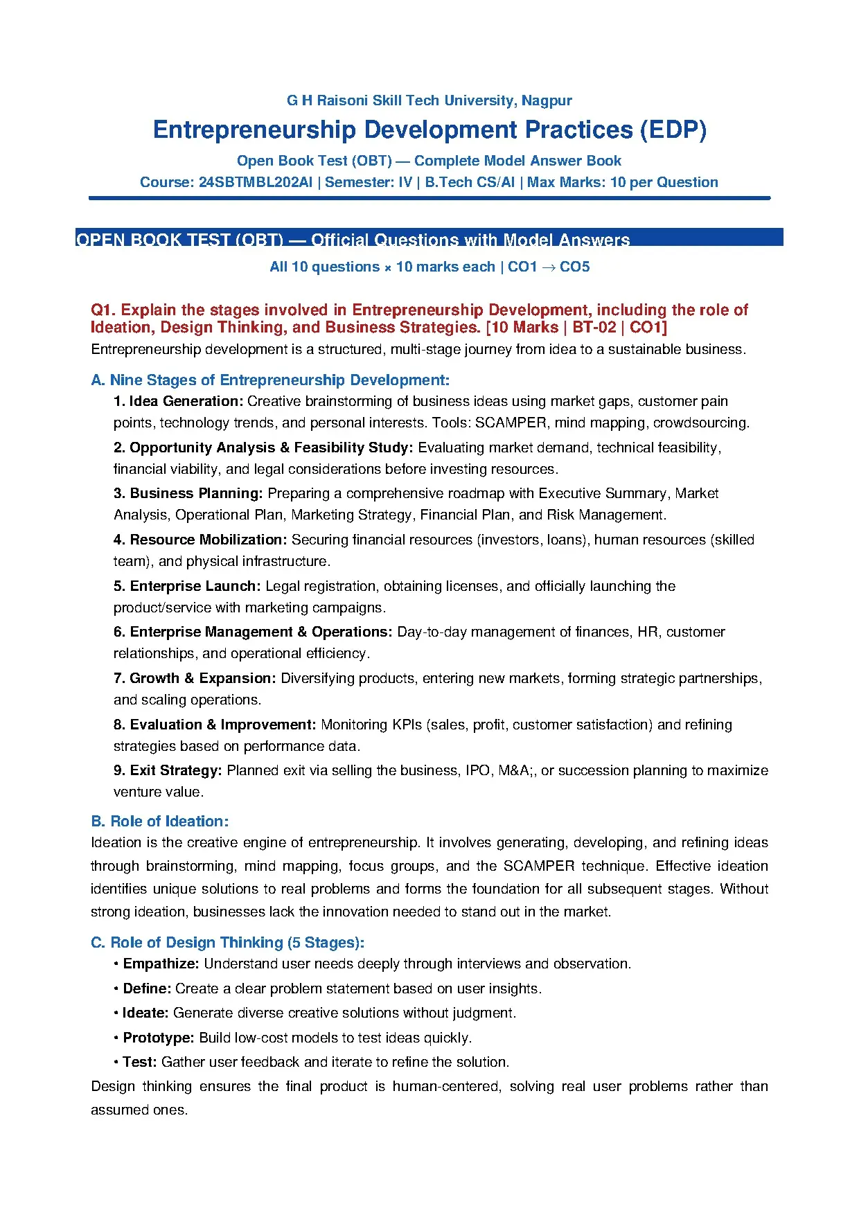 Entrepreneurship Development Practices Model Answers