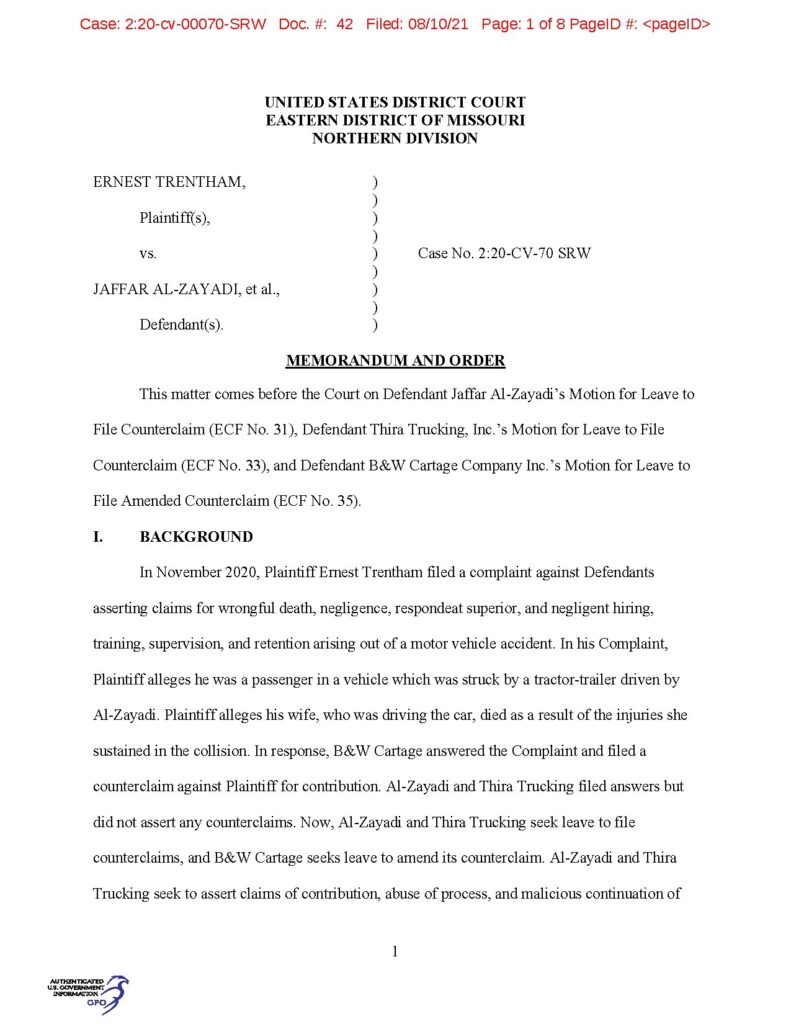Ernest Trentham v. Jaffar Al-Zayadi Case No. 2:20-CV-70