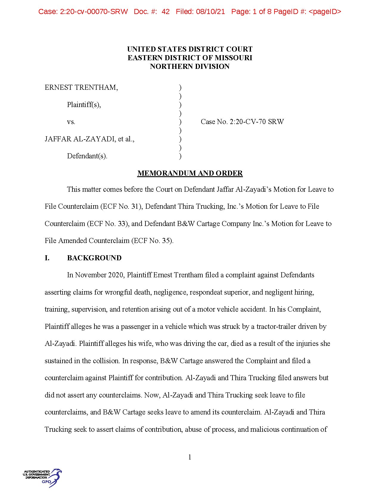 Ernest Trentham v. Jaffar Al-Zayadi Case No. 2:20-CV-70