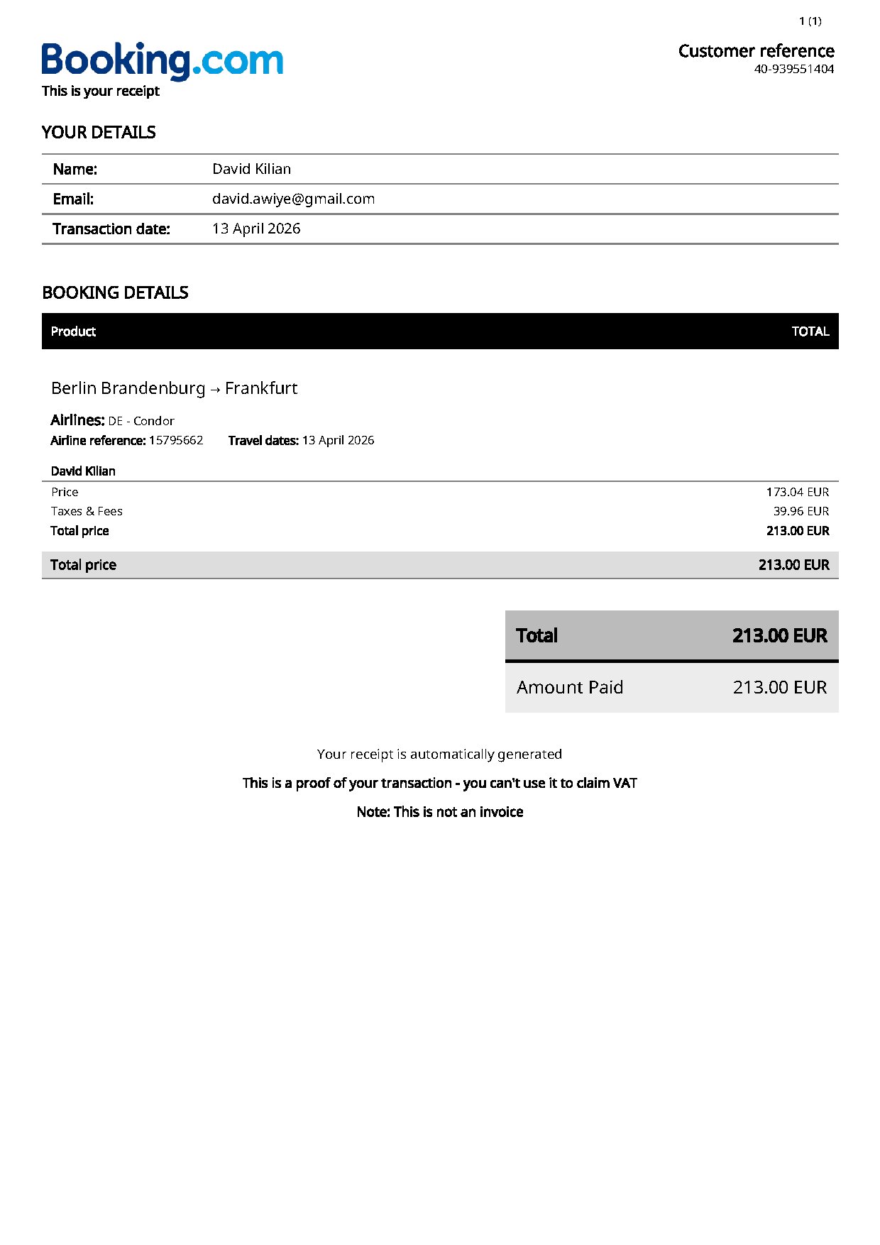 Flight Payment Receipt for Condor Airlines Booking