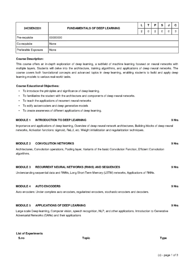 Fundamentals of Deep Learning Course Syllabus