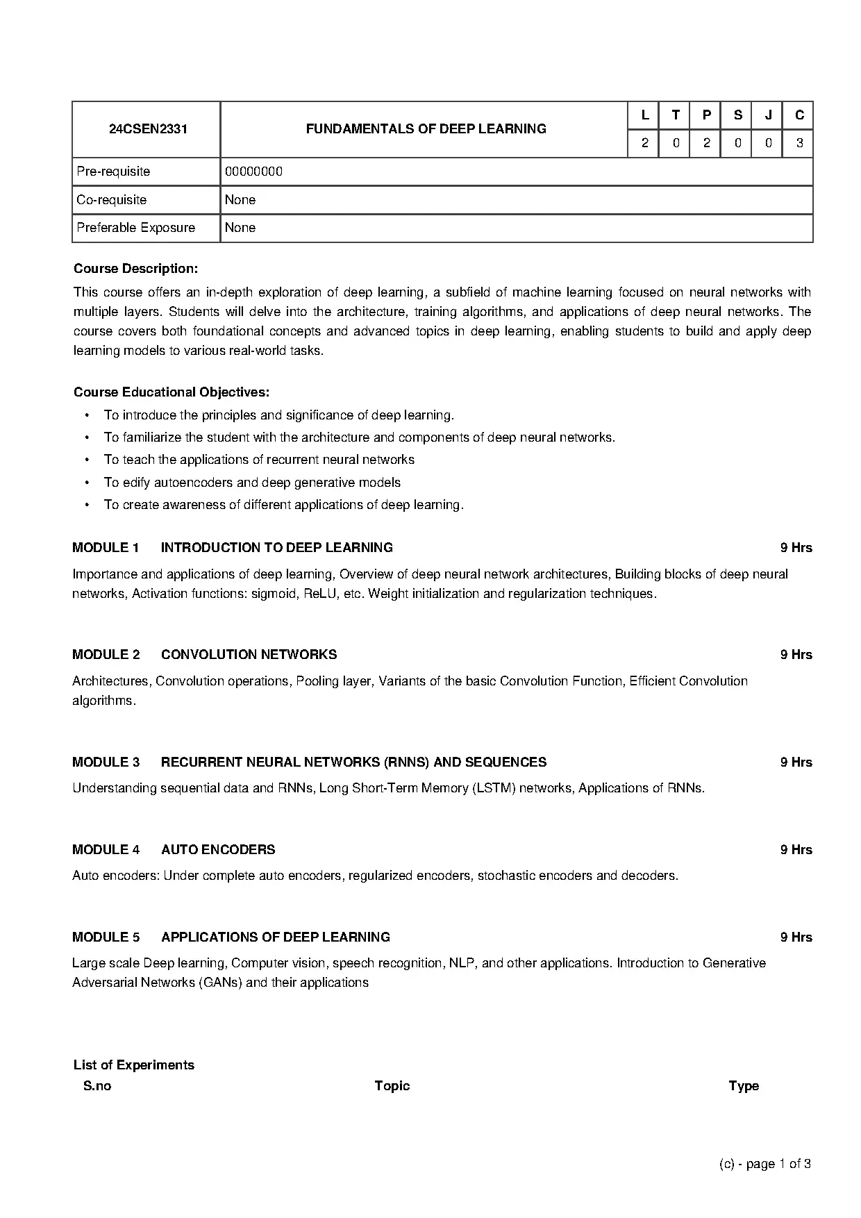 Fundamentals of Deep Learning Course Syllabus
