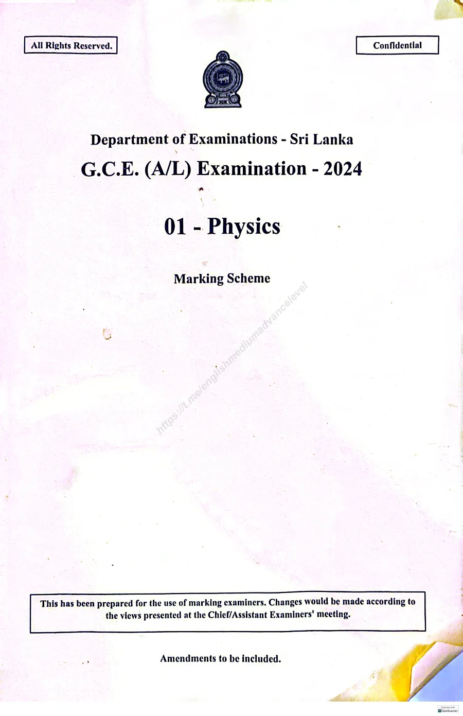 G.C.E. (A/L) Physics Marking Scheme 2024
