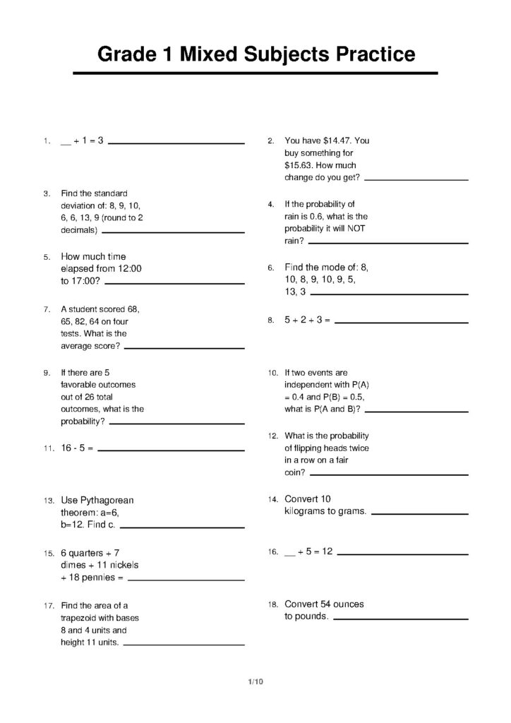 Grade 1 Mixed Subjects Practice 3