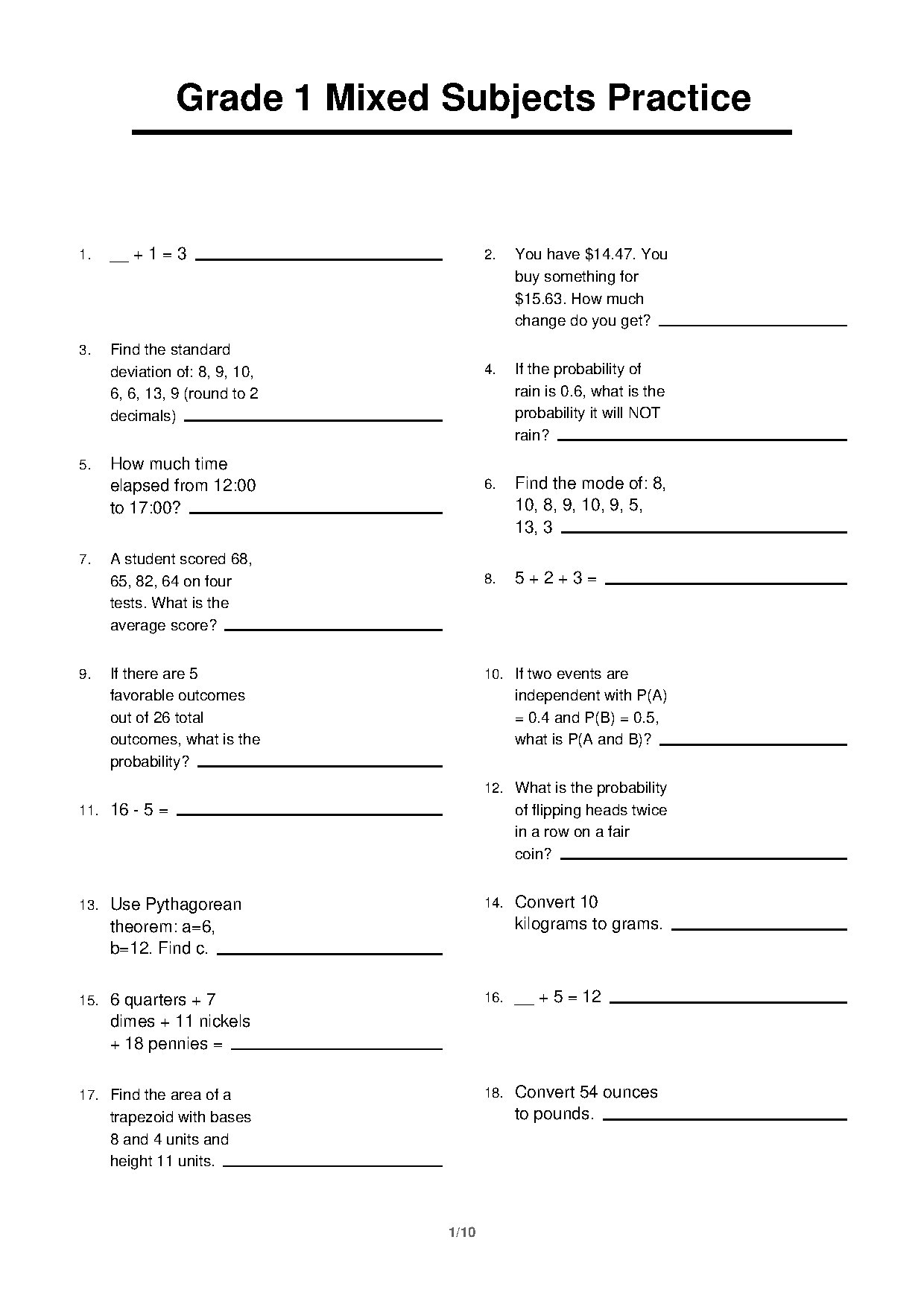 Grade 1 Mixed Subjects Practice 3