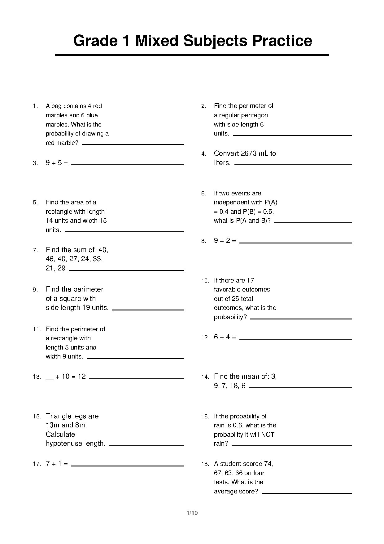 Grade 1 Mixed Subjects Practice 4