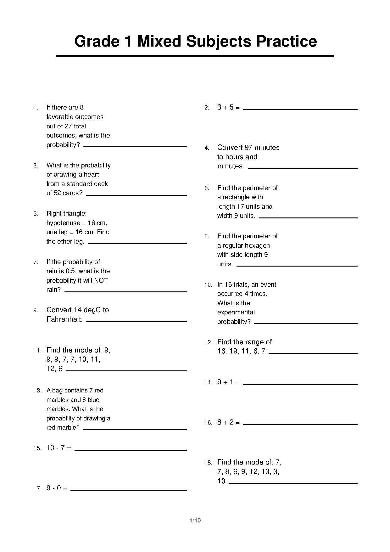 Grade 1 Mixed Subjects Practice 5
