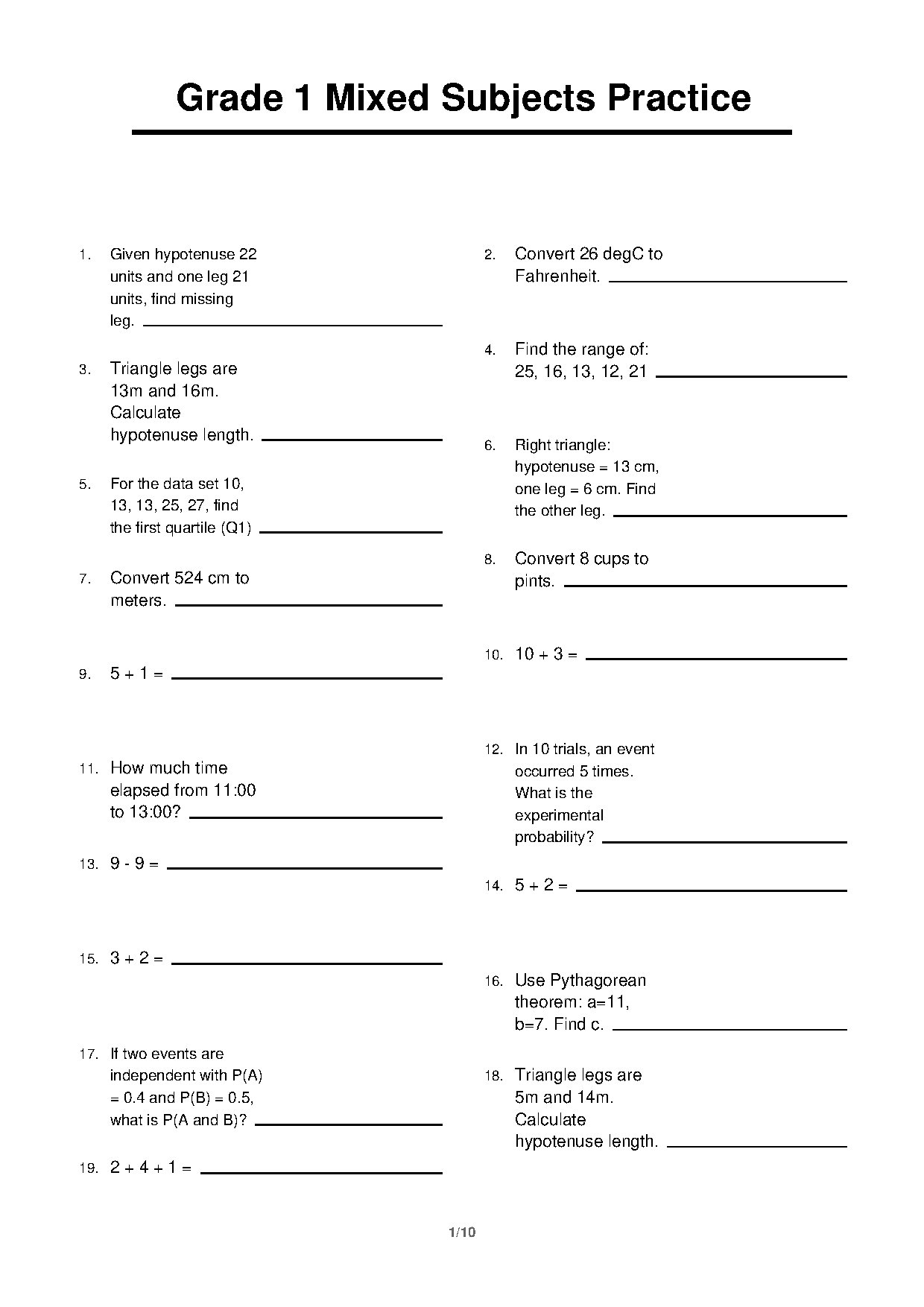 Grade 1 Mixed Subjects Practice Exercises