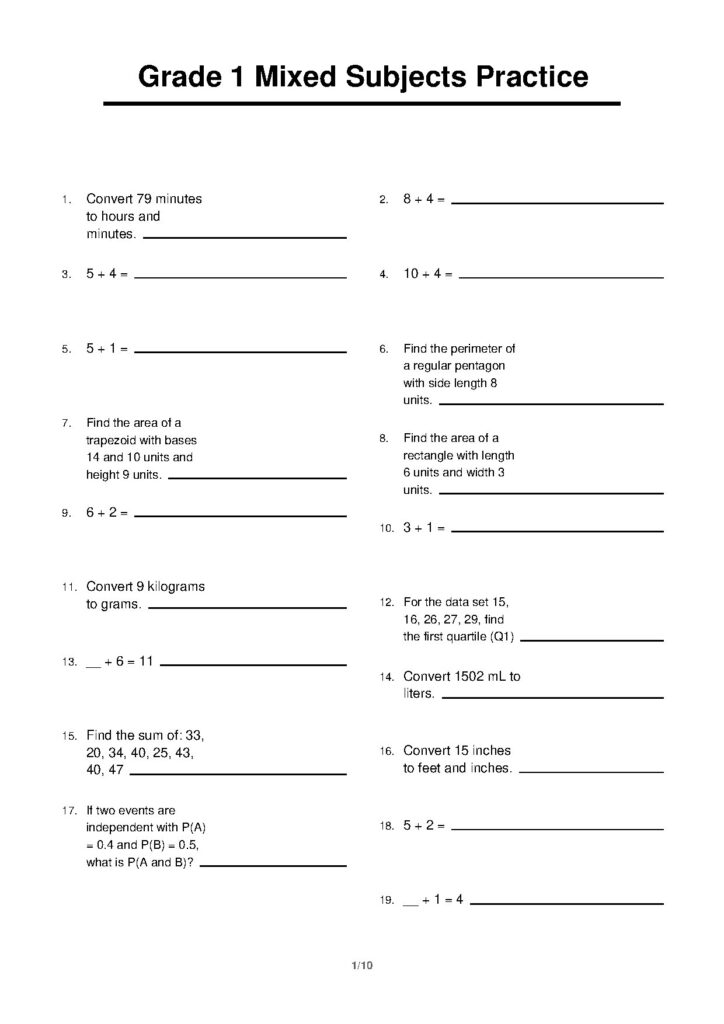 Grade 1 Mixed Subjects Practice Workbook
