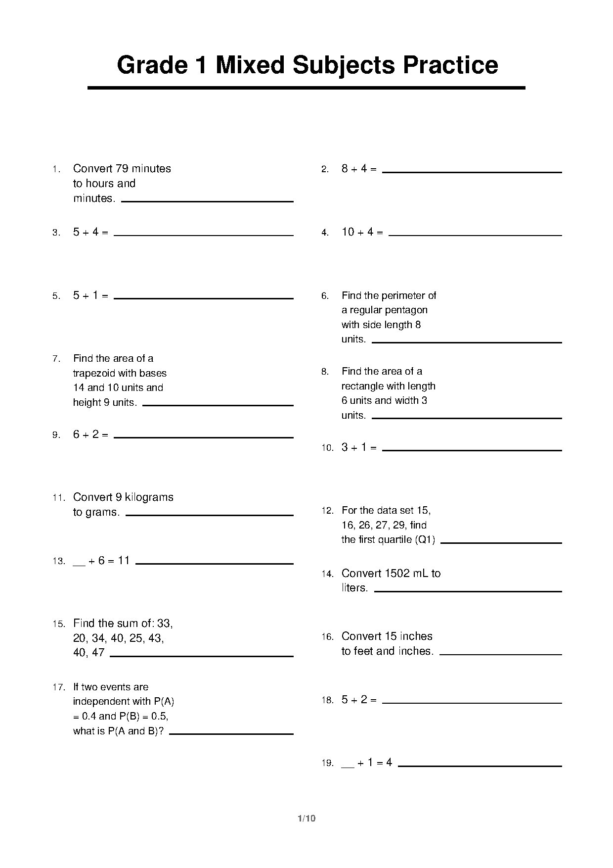Grade 1 Mixed Subjects Practice Workbook