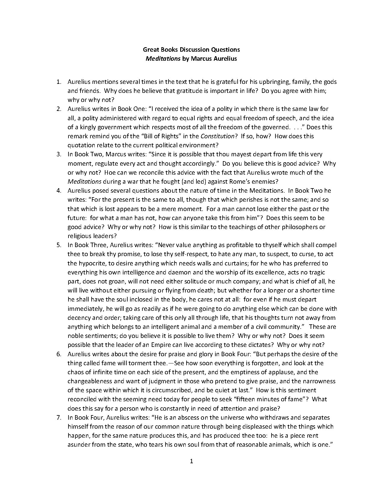 Great Books Discussion Questions Meditations by Marcus Aurelius
