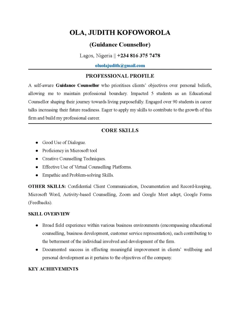 Guidance Counsellor Resume of Ola Judith Kofoworola