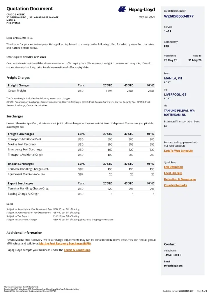 Hapag-Lloyd Quotation W260500634877 for Cargo Transport