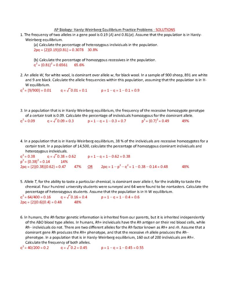 Hardy-Weinberg Equilibrium Practice Problems Solutions