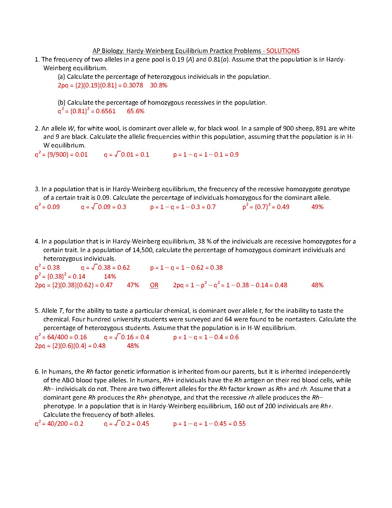 Hardy-Weinberg Equilibrium Practice Problems Solutions