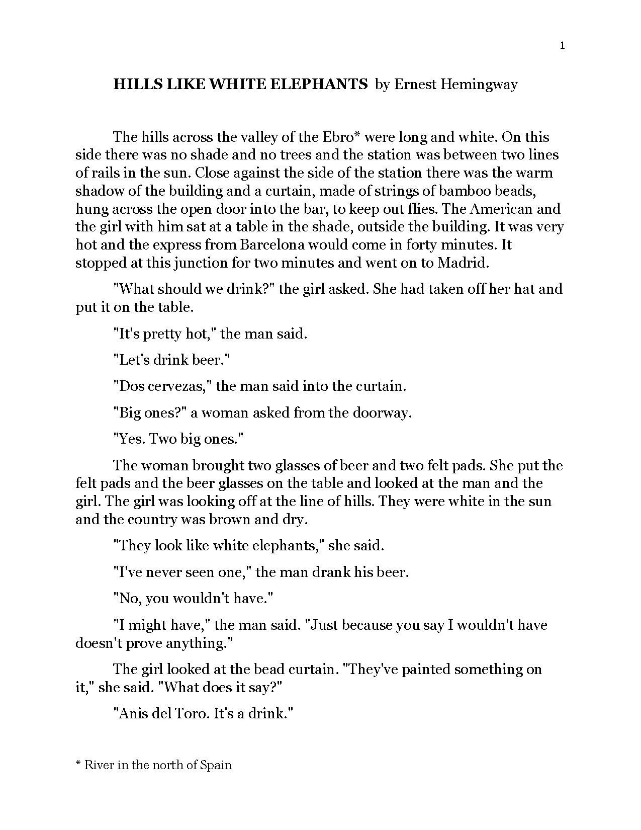 Hills Like White Elephants by Ernest Hemingway