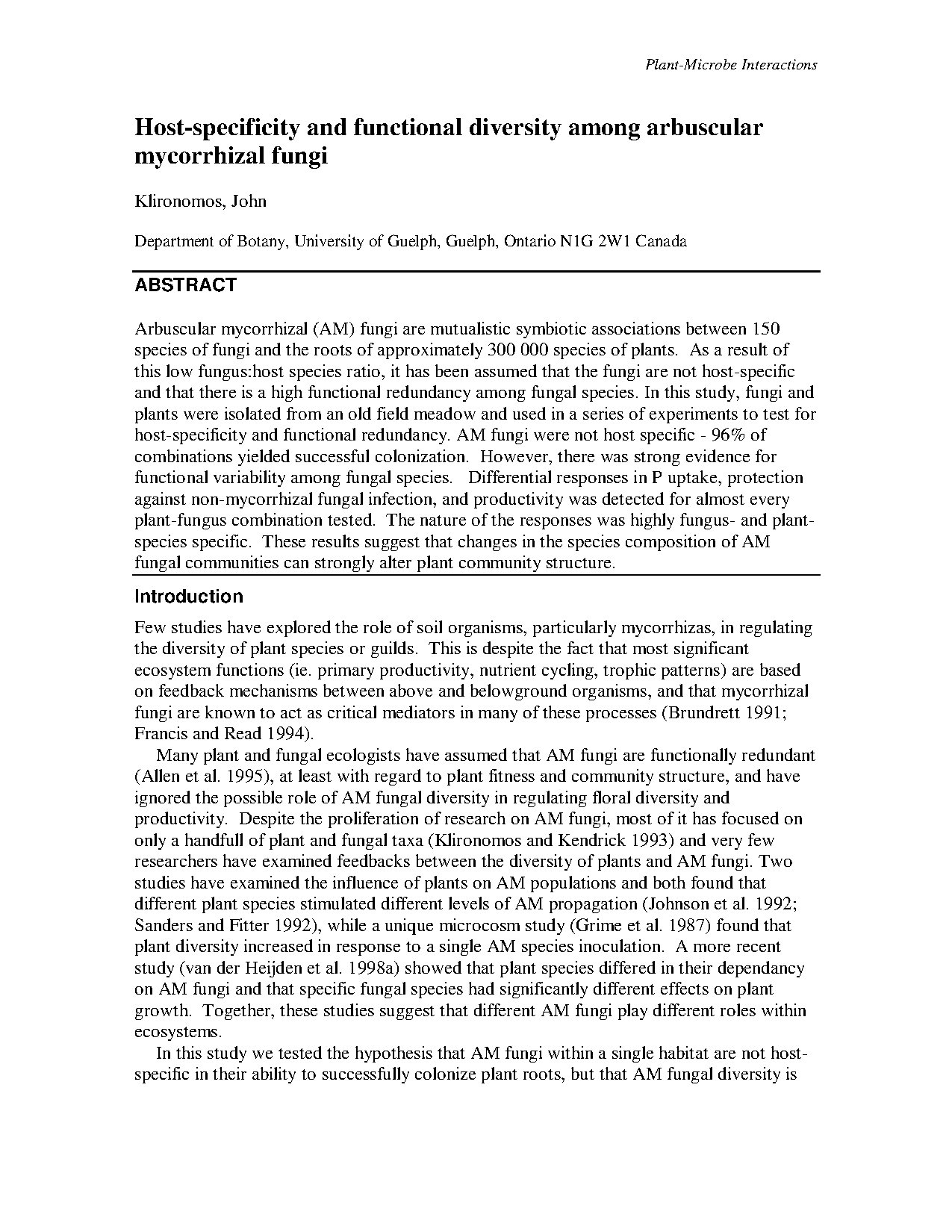 Host-specificity and Functional Diversity of Mycorrhizal Fungi