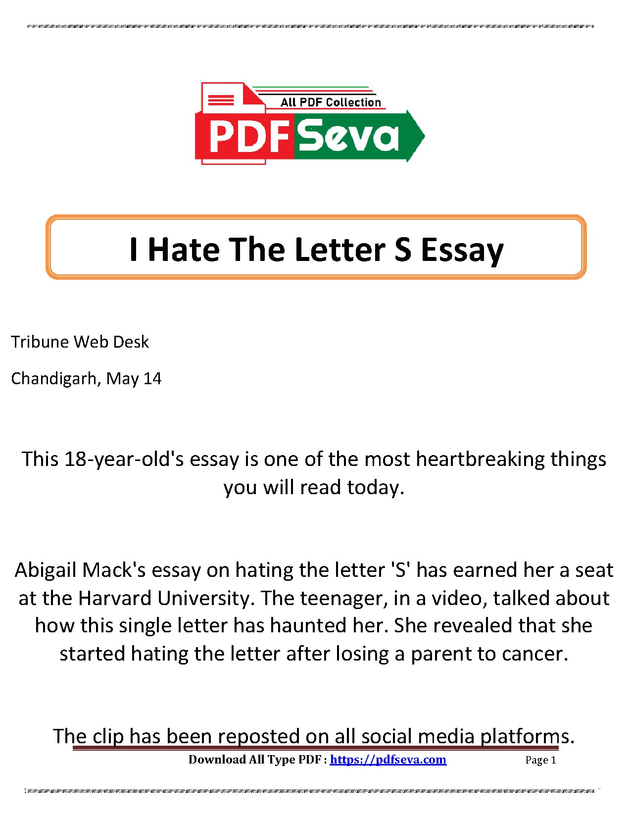I Hate The Letter S Essay by Abigail Mack