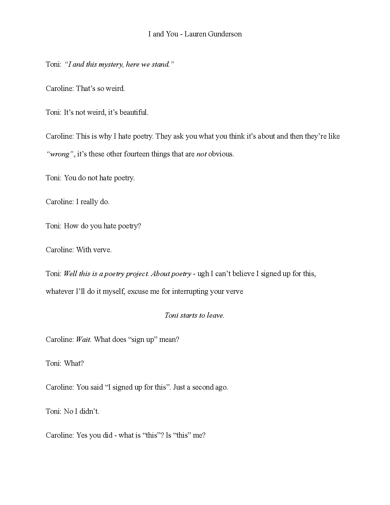I and You by Lauren Gunderson Scene Cut