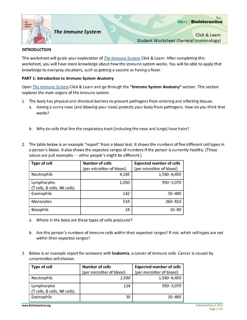Immune System Student Worksheet General Immunology