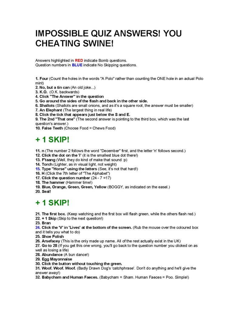 Impossible Quiz Answer Key 1-100