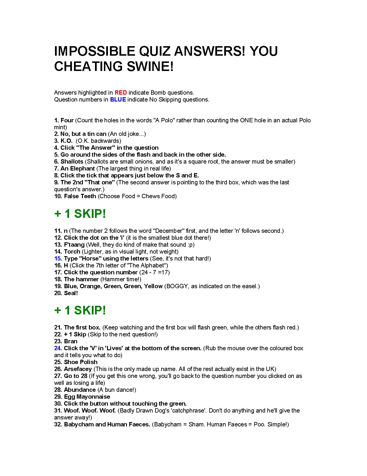 Impossible Quiz Answer Key 1-100