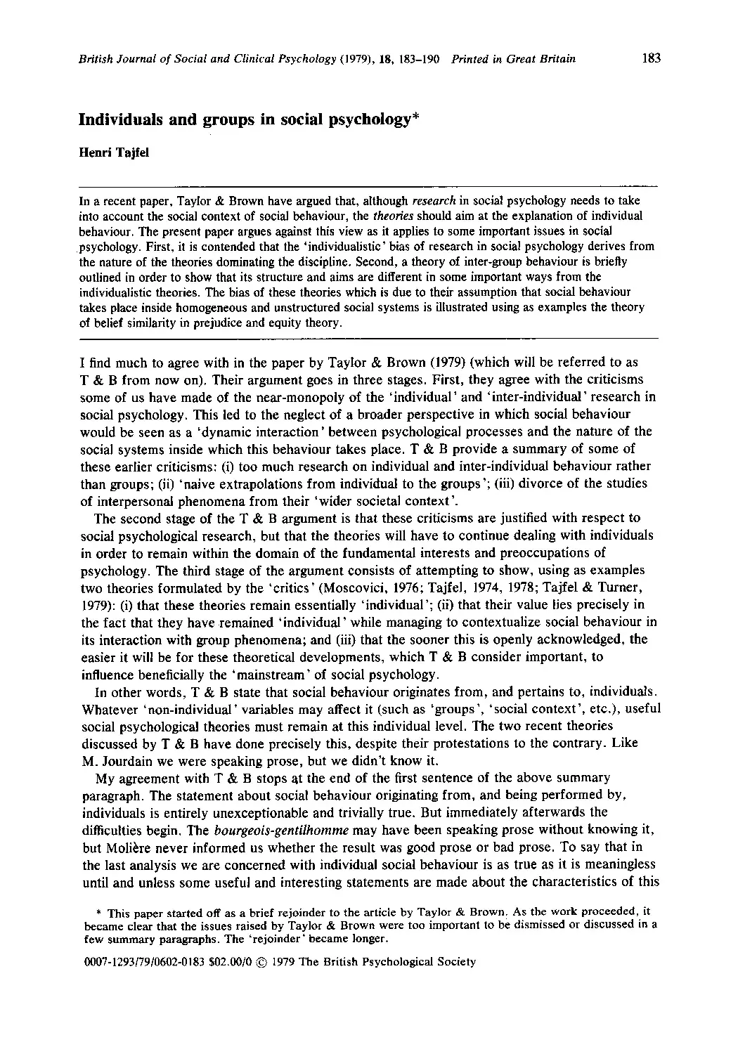 Individuals and Groups in Social Psychology by Henri Tajfel