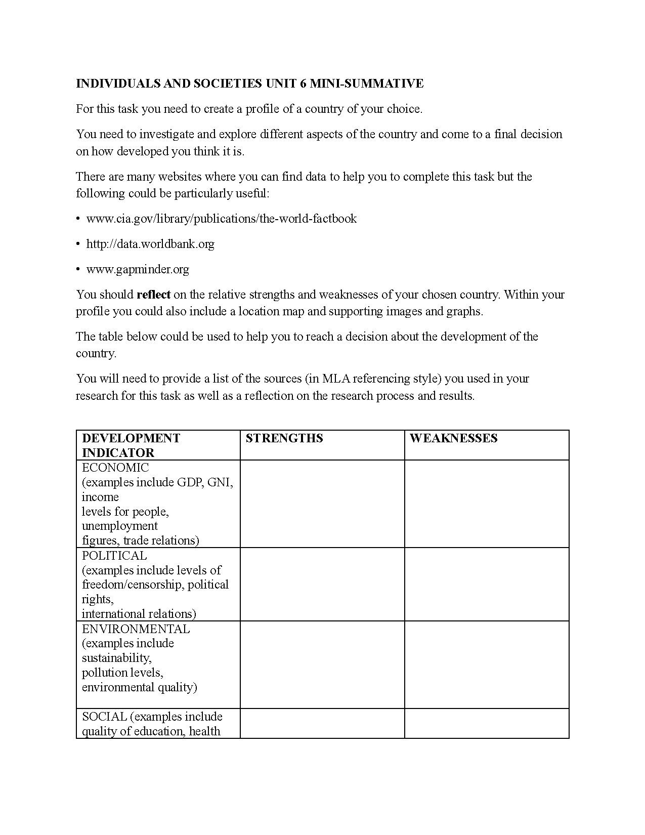 Individuals and Societies Unit 6 Mini Summative Assessment