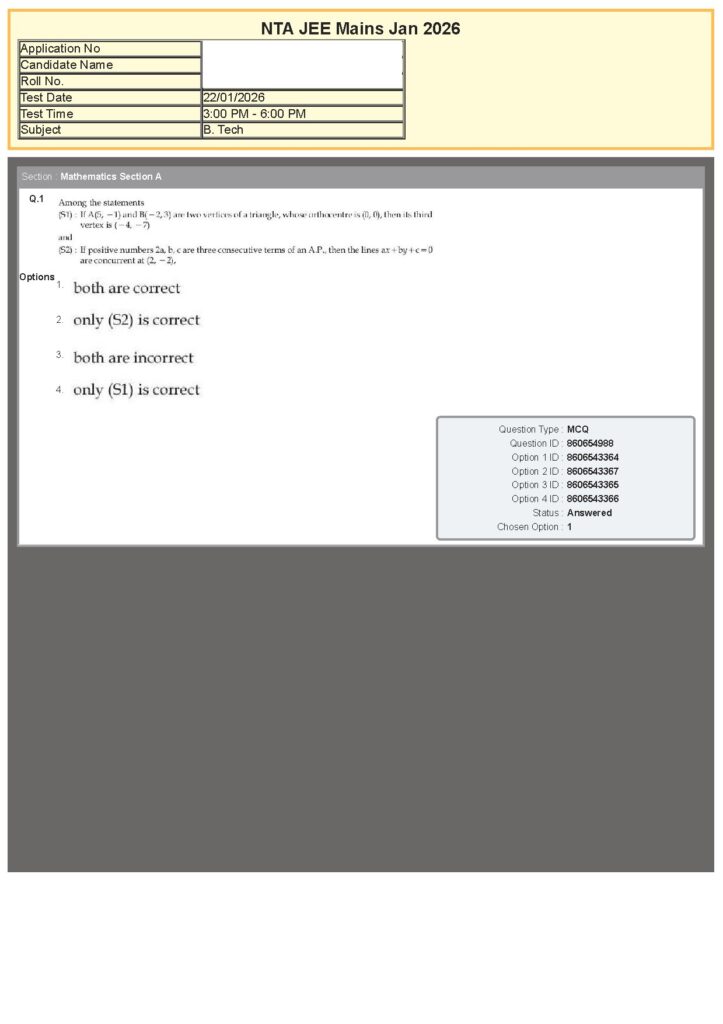 JEE Main 2026 January 22 Shift 2 Question Paper