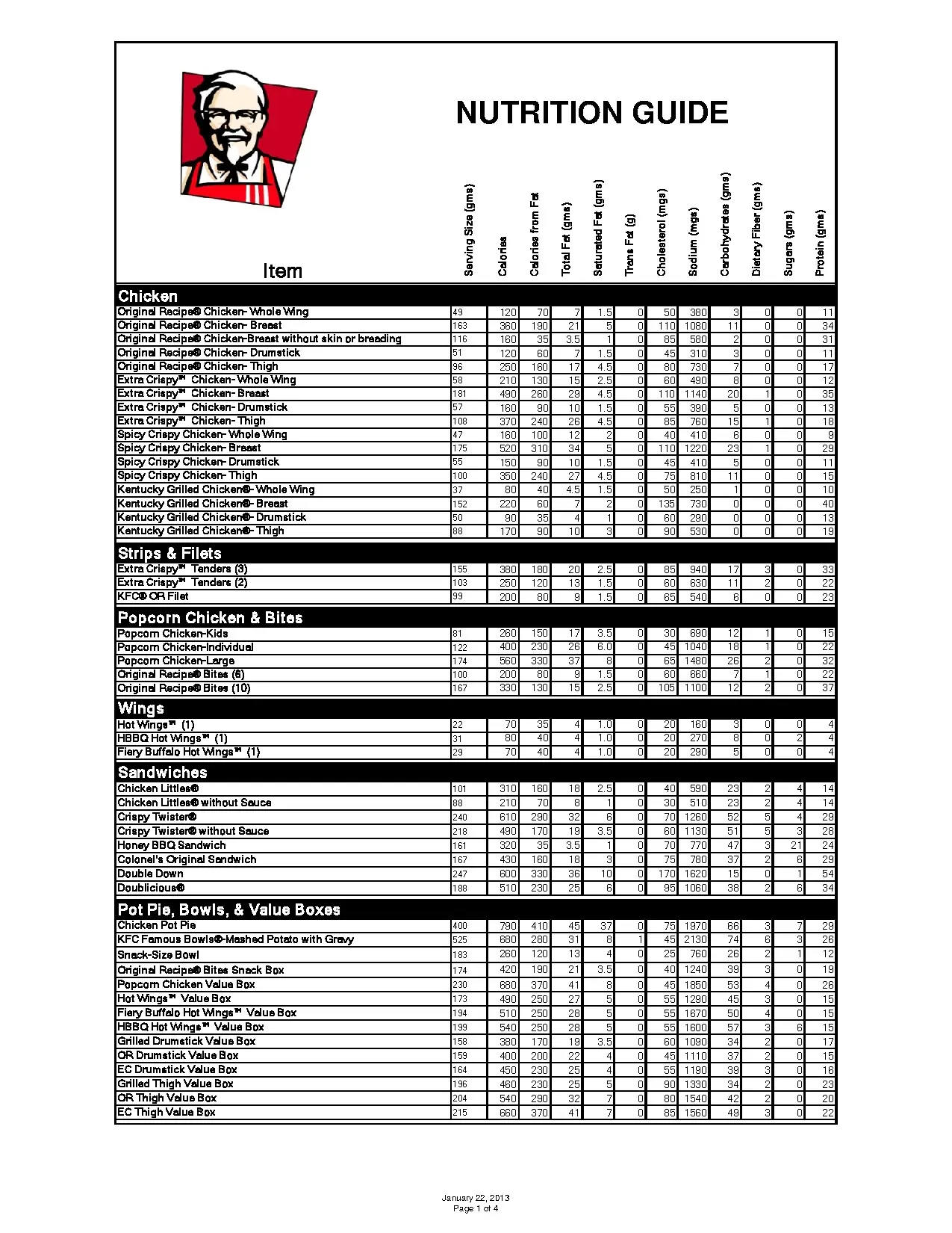 KFC Nutrition Guide 2013 Edition