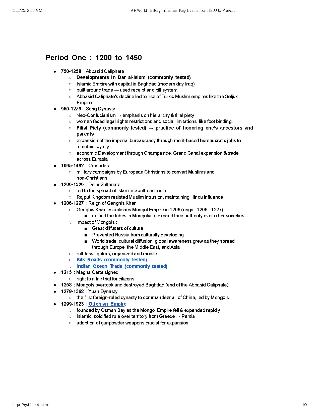 Key Events in World History from 1200 to Present