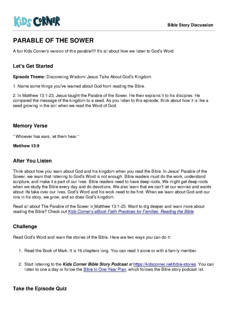 Kids Corner Parable of the Sower Bible Story Discussion