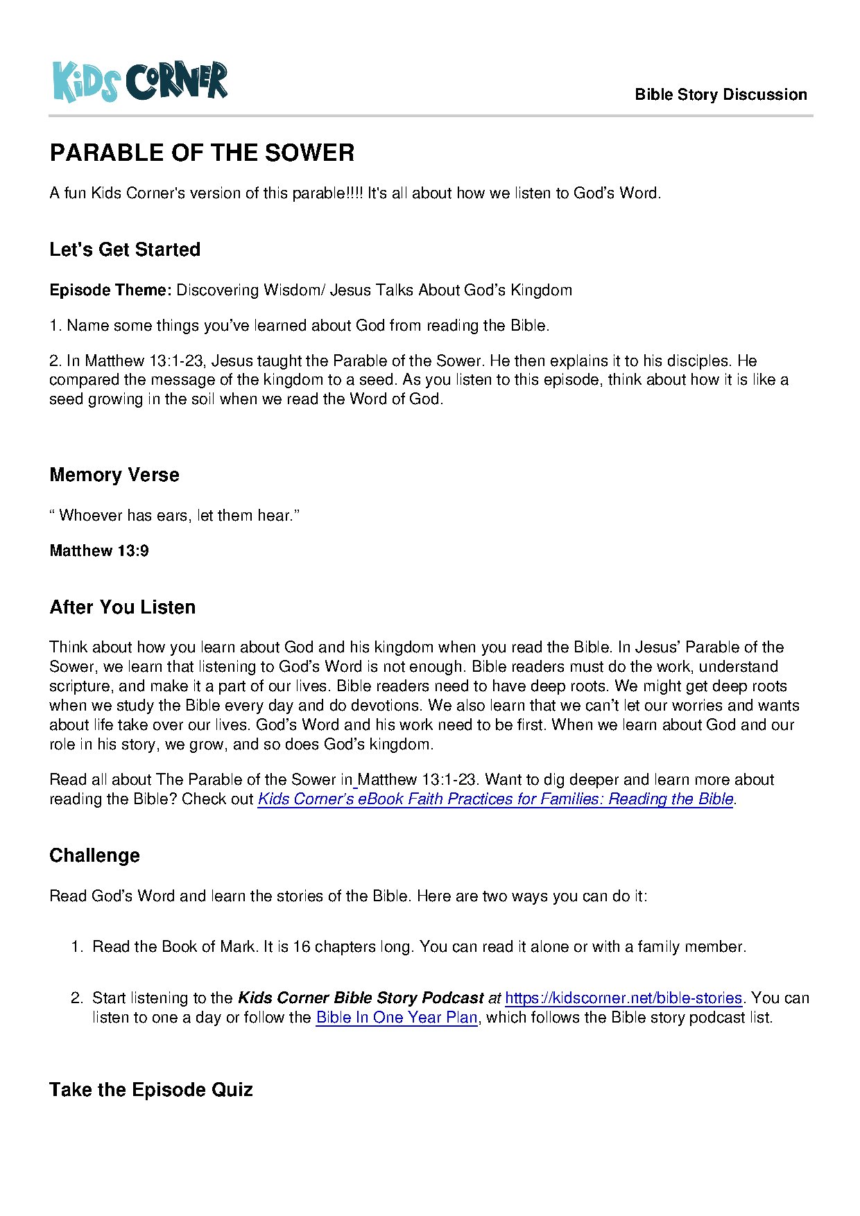 Kids Corner Parable of the Sower Bible Story Discussion