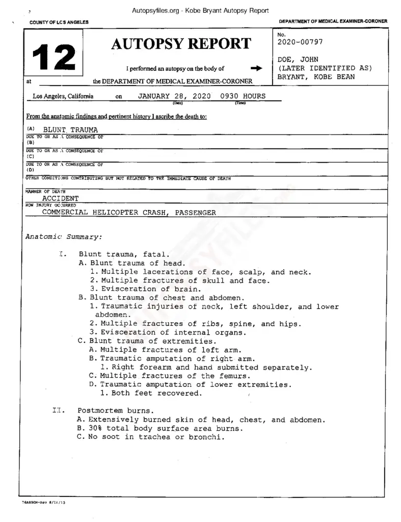 Kobe Bryant Autopsy Report 2020