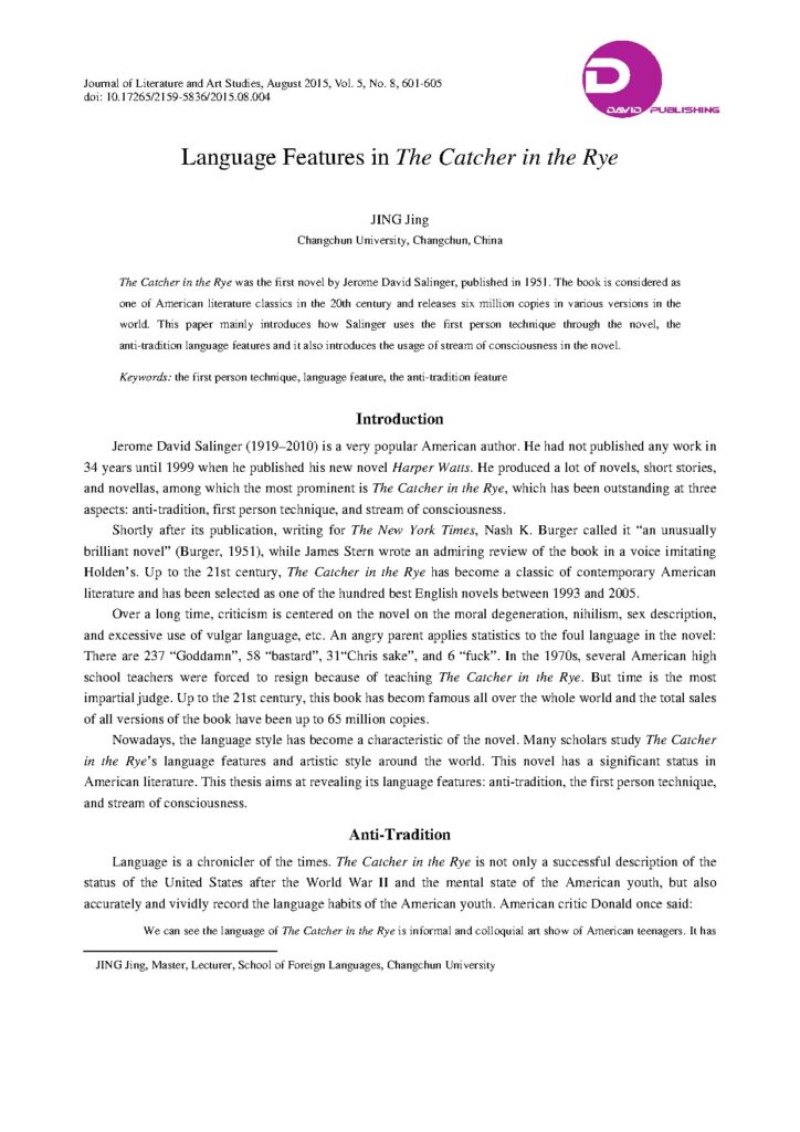Language Features in The Catcher in the Rye by J.D. Salinger
