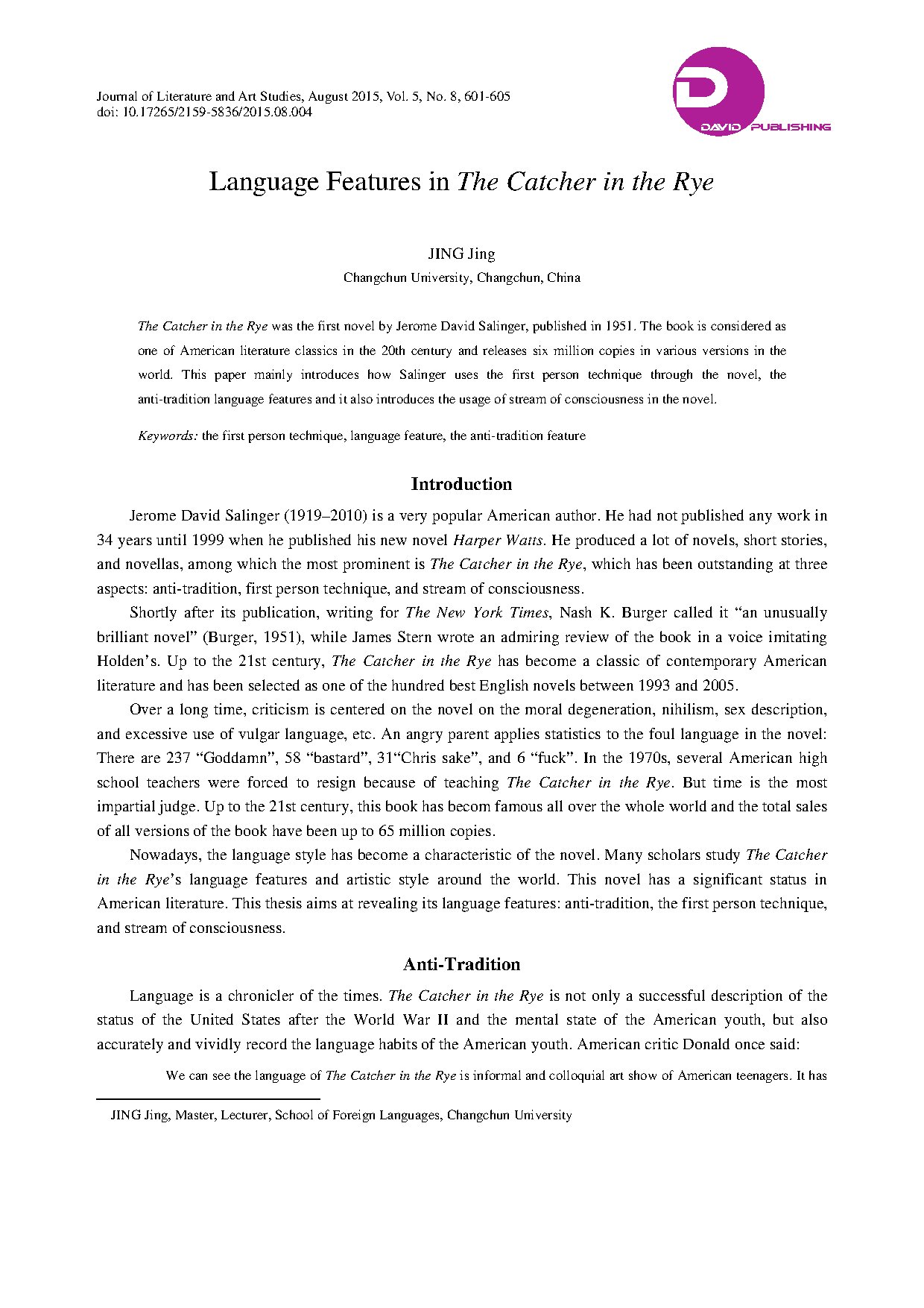 Language Features in The Catcher in the Rye by J.D. Salinger