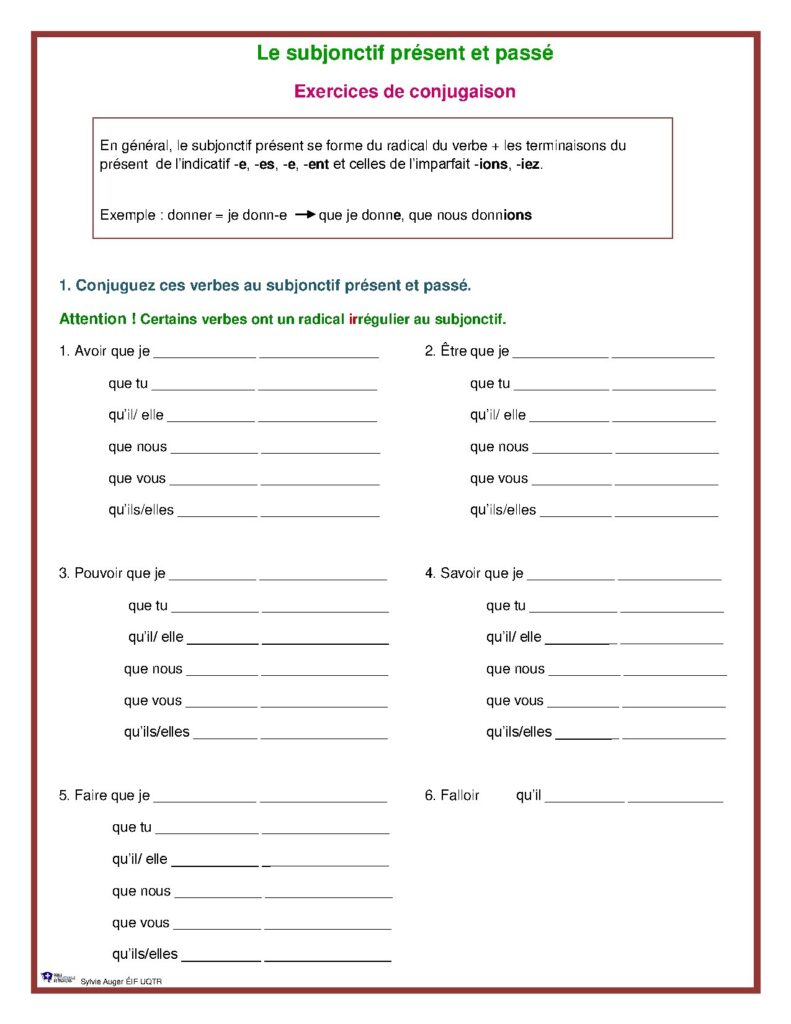 Le subjonctif présent et passé Exercices de conjugaison