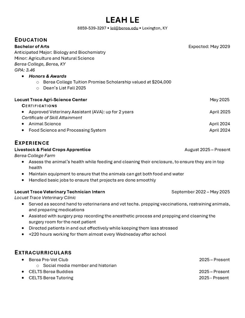 Leah Le's Veterinary Science Resume 2025