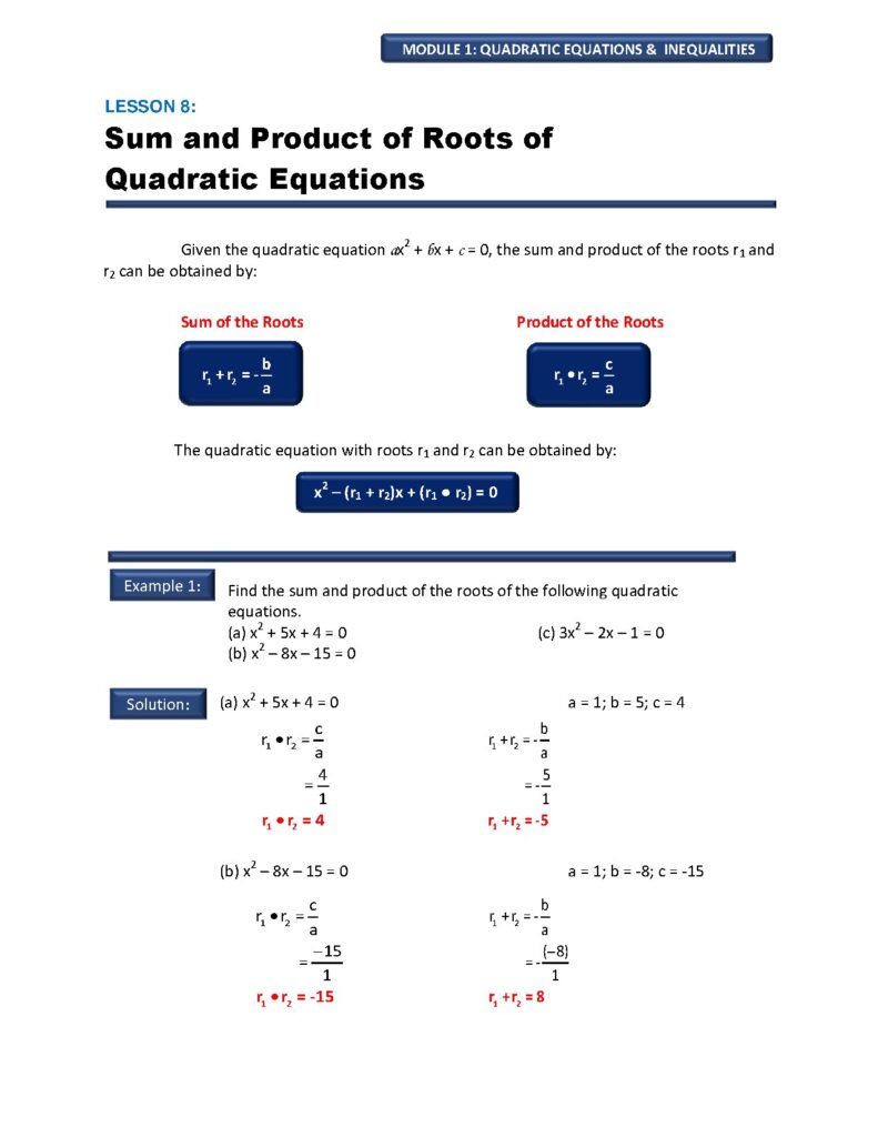 Lesson 8: Sum and Product of Roots in Quadratic Equations