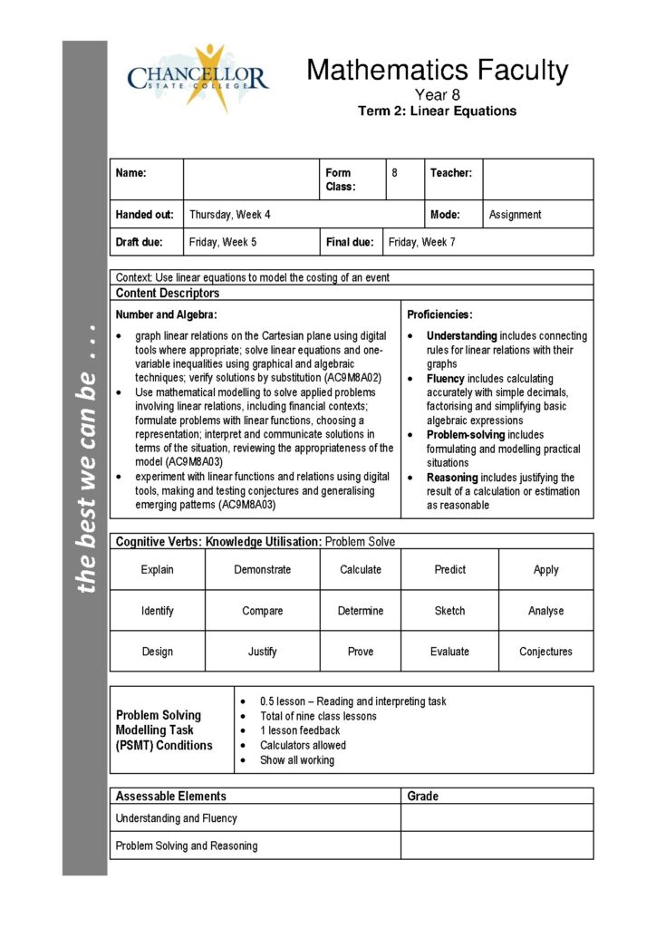 Linear Equations Assignment Year 8 Mathematics 2025