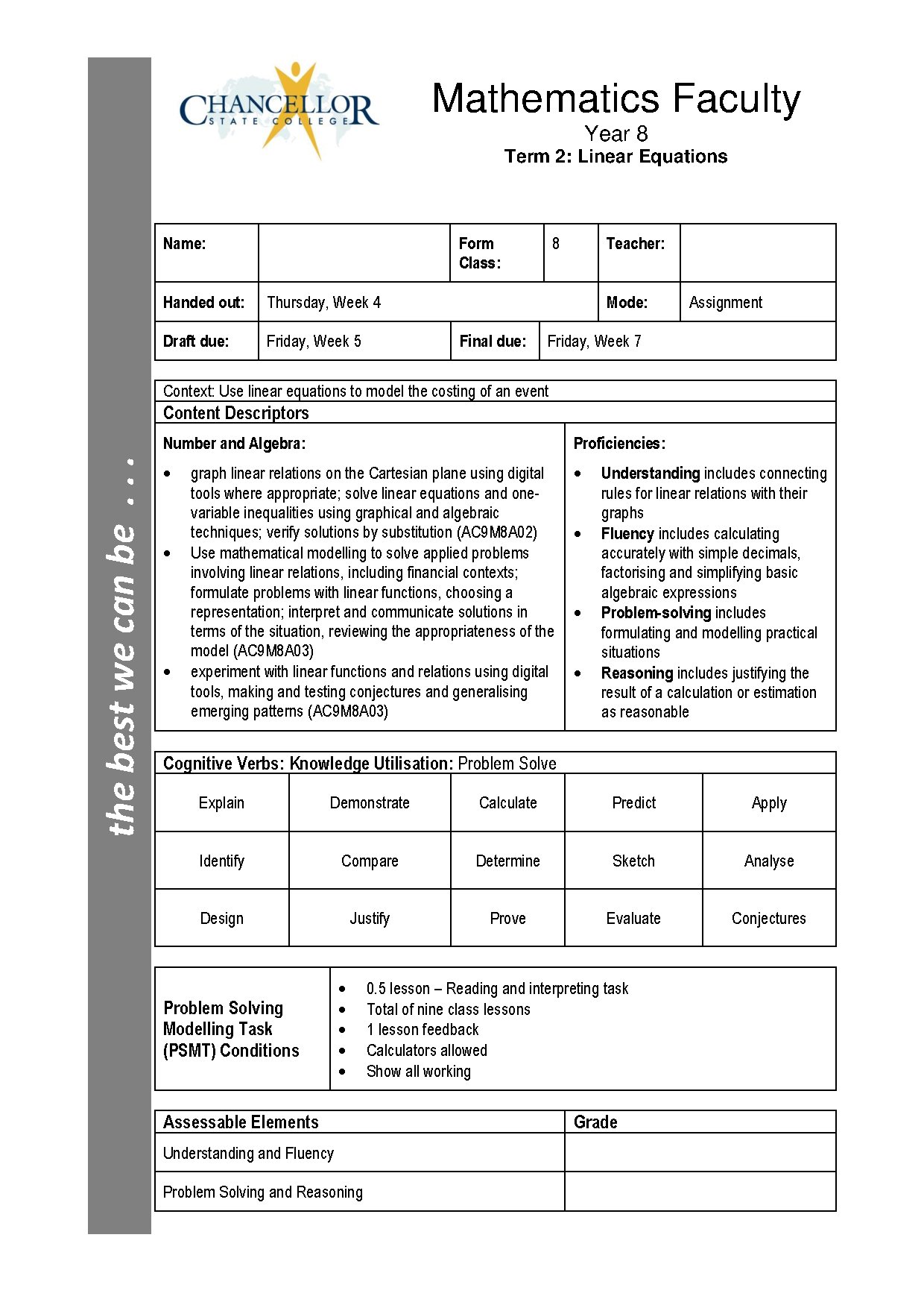 Linear Equations Assignment Year 8 Mathematics 2025
