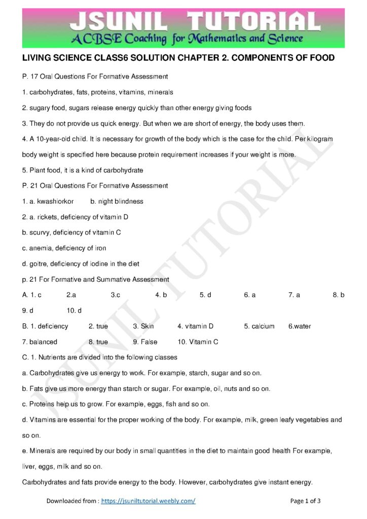 Living Science Class 6 Solutions Chapter 2 Components of Food