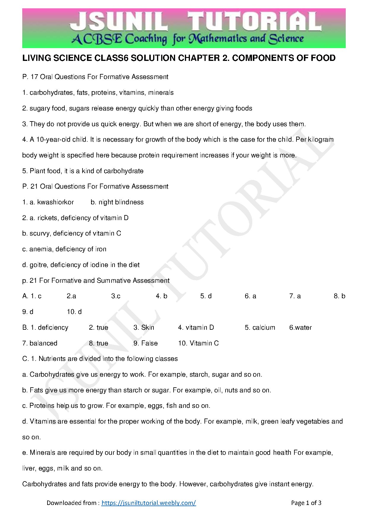 Living Science Class 6 Solutions Chapter 2 Components of Food