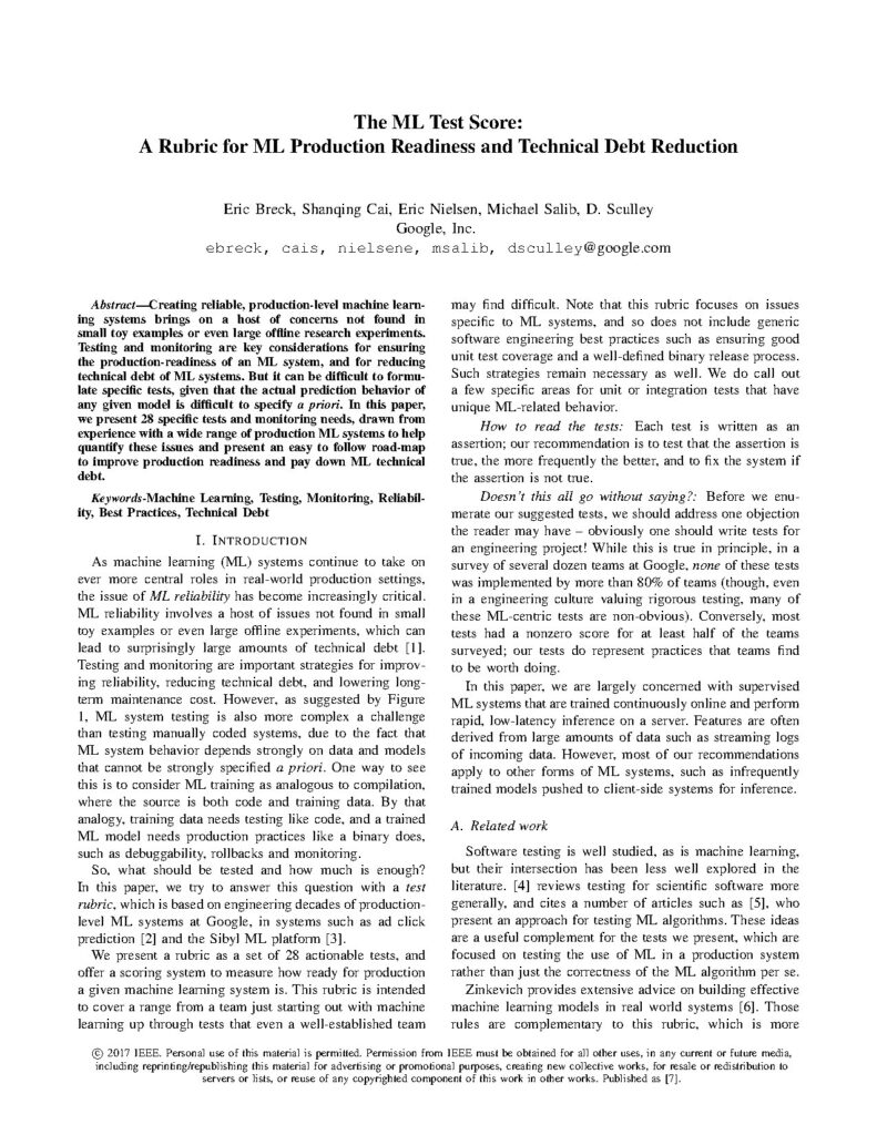 ML Test Score Rubric for Production Readiness